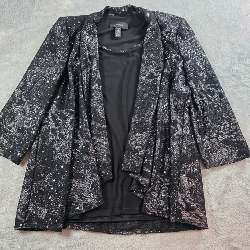 R&M Richards Women Small Black Silver Mock Twinset Sequin Metallic Evening Top